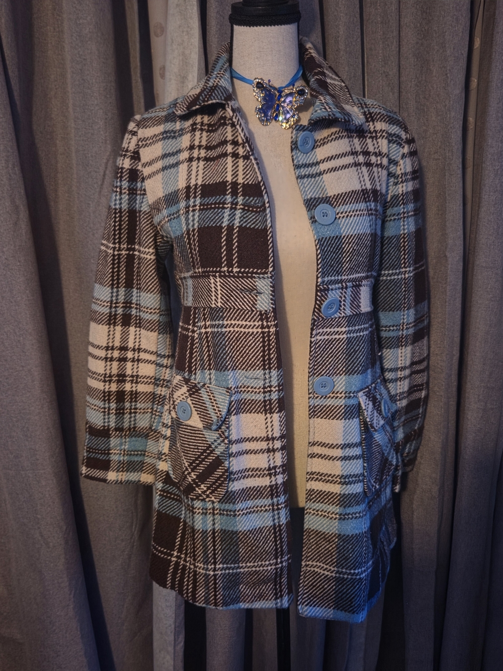 DOLLHOUSE Kids Plaid Wool Blend Button-Up Plaid Pea-Coat M (10/12)